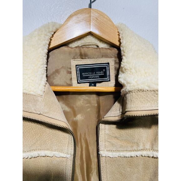 Marcelle Renee leather jacket sherpa suede coat faux tan vtg Y2K country women M - Picture 4 of 12